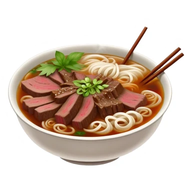 Cinematic Realistic Pho Dish Emoji, depicted as a steaming bowl of aromatic beef noodle soup with herbs rendered with lifelike textures and vibrant, warm lighting. sticker