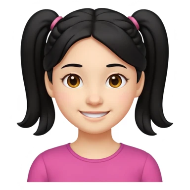 smiling girl in emoji style, black hair parted in the middle with two low pigtails near the neck, round eyes, cheerful expression, soft cartoon face, head and upper shoulders, clean lines, minimal white background, vibrant and simple sticker