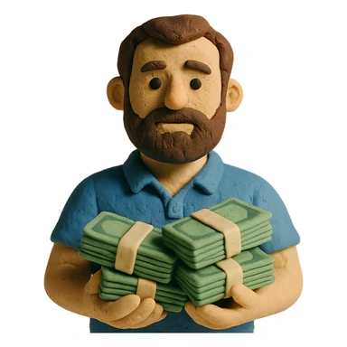 bearded brown-haired man in a polo shirt holding bundles of bills in matte plasticine claymation style with visible fingerprints and pastel colors sticker