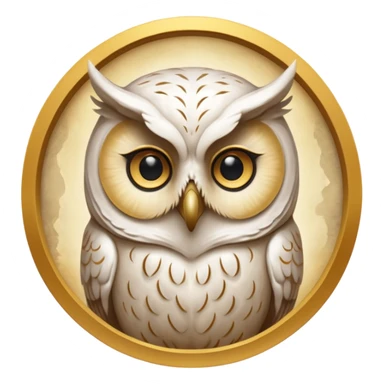 portrait of an ancient owl spirit known as “The White Owl of Oaths.”
Pale owl face emerging from mist and shadow.
No visible pupils, eyes glow softly gold or appear as deep void. 
Bone-white, warm gold, and soft shadow tones.
Centered, icon-style framing, limited palette sticker