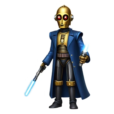 human-sized darkblue-pearl friendly bounty hunter c3po droid wearing a leather wild west duster holding light saber ready to fight but relaxed. antique sticker