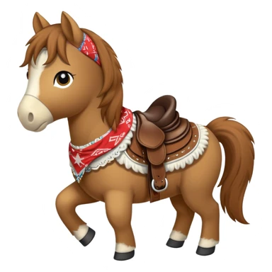 A brown plush pony with a western saddle and bandana sticker
