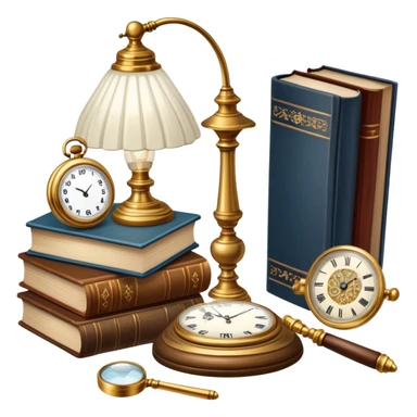 Icon for Antiques Collecting: a vintage pocket watch, an old ornate lamp, and a porcelain figurine, all placed on a wooden table surrounded by aged books and a magnifying glass. The icon should evoke the elegance and history of antique collecting. Transparent background. sticker