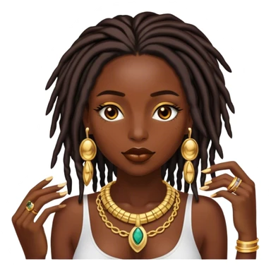 Chocolate skin women with black shoulder length locs, eyelashes and a lot of gold jewellery  sticker