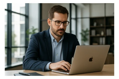 A professional man with glasses using a MacBook, focused expression sticker