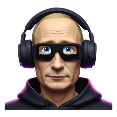 Vladimir Putin wearing a black hoodie with "OMG" letters on it and VR headset oculus quest 2 in a cyberpunk VR environment with violet neon lighting. sticker