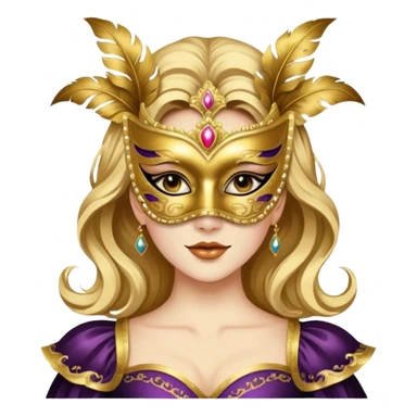 A woman in an ornate gold masquerade mask and elegant outfit, holding the mask delicately. sticker