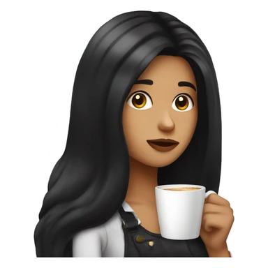 a girl with long black hair drinks coffee and eating a croissant sticker