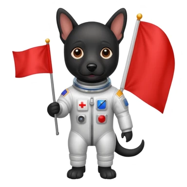black dog standing in space suit holding red rectangle flag sticker