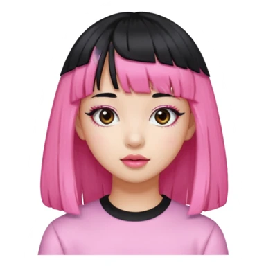 Girl with black hair but pink bangs and has a K-pop global pop star face sticker