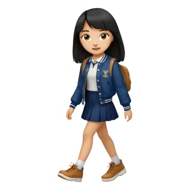 black color long hair with fringe, light skin long hair girl with brown varsity jacket,  navy long skirt walking

 sticker
