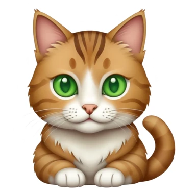 A tabby cat with green eyes sitting and showing its white stomach sticker