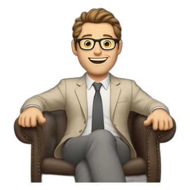 Joyful thrumbs up Pale skinned Fit Man With dark brown hair in gray jacket, beige office shirt, Brown pants and vintage glasses sitting In a soft chair sticker