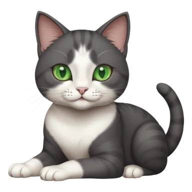 beautiful female solid dark grey cat with green eyes, white toes/paws and white patch on her chest rolling over sticker