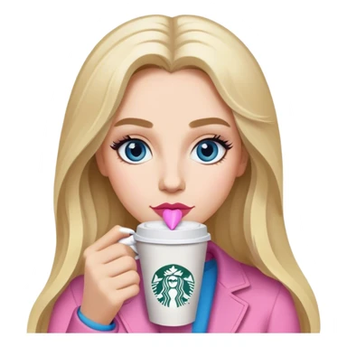 Long blonde grey highlighted with blue gray eyes sipping one Starbucks coffee. She has bushy eyebrows and pink lips  sticker