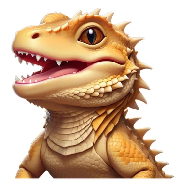 Cinematic Cute Yawning Bearded Dragon Portrait Emoji, Head tilted slightly with a dramatic, wide-open yawn, showcasing a soft, textured scaled hide with its spiky beard partially drooped and eyes barely open in drowsy contentment, Simplified yet irresistibly adorable features, highly detailed, glowing with a soft, cozy glow, high shine, relaxed yet expressive, stylized with a touch of reptilian whimsy, bright and endearing, soft glowing outline, capturing the essence of a sleepy yet affectionate dragon, so drowsy it feels like it could stretch out of the screen and curl up for a nap! sticker