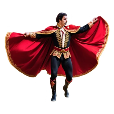 ​Cinematic Realistic Spanish Matador Holding a Red Cape, depicted in mid-action with a vibrant red cape flowing in the wind, dressed in an ornate traje de luces with shimmering details, confronting a charging bull in a dramatic arena, rendered with dynamic motion blur and vivid, high-contrast lighting, sticker