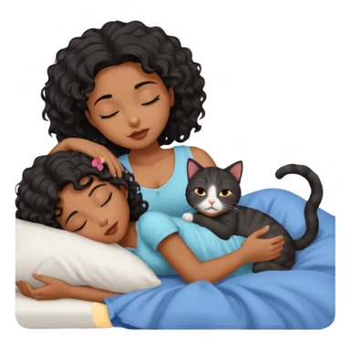 sleeping pretty black wavey hair girl in the bed, her cat is working instead of her sticker
