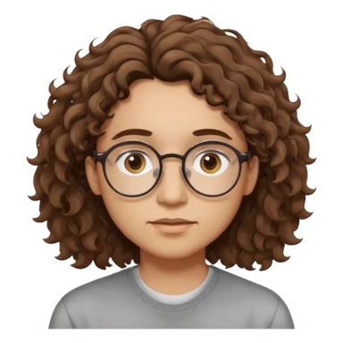 Slim, slightly oval face, light skin.
Medium-length brown wavy/curly hair, slightly messy.
Brown eyes, round eyeglasses.
Soft, calm expression.
No beard or very light stubble.
Minimal, high-quality style, not cartoonish.
Neutral background, soft lighting. sticker