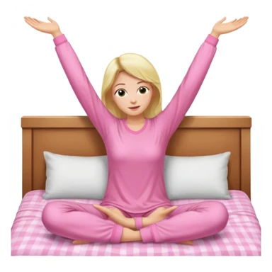 {
      "type": "human",
      "look": "pink pyjama lady, long sleeves, stretching arms",
      "description": "a woman in pink pyjamas stretching her arms after waking up"
    } sticker