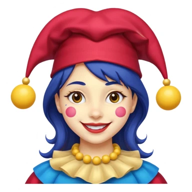 Girl with red and blue jester hat with yellow balls on the ends of the jester hat smiling with rosy cheeks and dark hair sticker