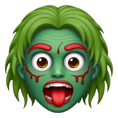 emoji de zumbi estilo WhatsApp, cabeça verde, cabelo cacheado vermelho volumoso, olhos brancos brilhando, expressão divertida e assustadora, cartoon, linhas limpas, fundo transparente, qualidade alta sticker
