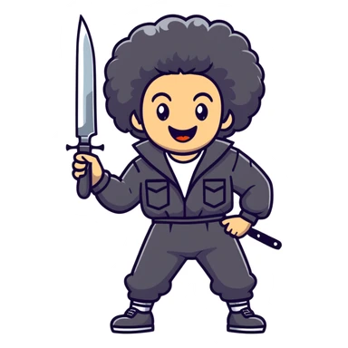 wild savage person in 1988 retro outfit with big hair, holding knife, evil laughing expression sticker