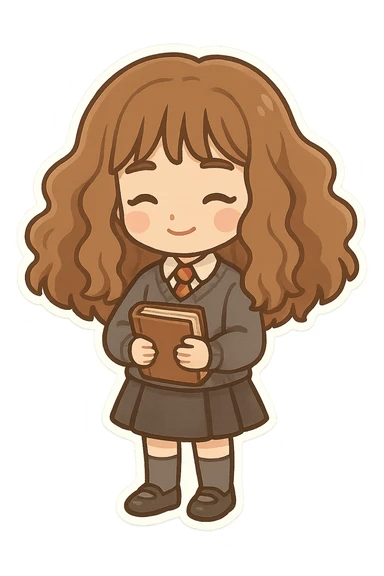 cute chibi character inspired by Hermione Granger with voluminous brown hair, wearing Hogwarts uniform including sweater, tie, skirt, socks, and shoes, holding a book, transparent background sticker