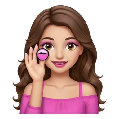 girl with long wavy brown hair, brown eyes, long lashes makeup, sexy pink lips, light to medium complexion, pink sexy top, smiling, hand covering eyes sticker