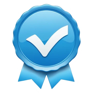 A bright blue circular badge with soft, wavy edges (like a seal or award ribbon). In the center, there is a white check mark (✓) tilted slightly to the right. The design feels clean, modern, and official, symbolizing verified, trusted, approved, or authentic status. sticker