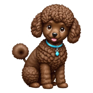 cinematic-[poodle]-realistic-full-body-sitting-emoji,-tail-resting-loosely-beside-its-paws,-head-tilted-dramatically, -curly-[chocolate]-fur,-simplified-yet-realistic-focused-features,-highly-detailed,-glowing-with-an-almost-sarcastic-glow sticker