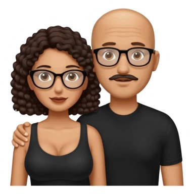 A picture of a tanned couple. the man is a Mexican man with tanned skin, with a bald hair cut, short beard and wearing a black shirt, no glasses. the woman is wearing rectangle shaped glasses, with long curly dark brown hair and with big boobs  sticker