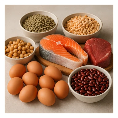 realistic photographic image of protein-rich foods including meat, fish, eggs, and legumes, natural details, neutral background sticker