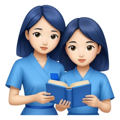 pretty asian two girls sitting reading blue books sticker