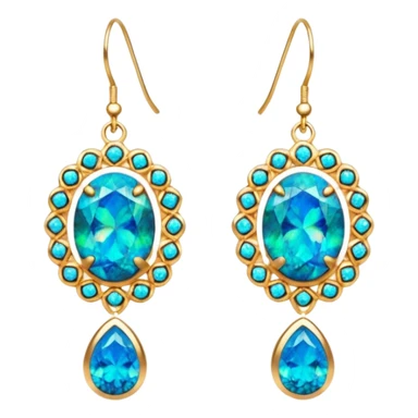8k, 10000px, isolated, 3D rendering, very glamorous style, hyper realistic sparkling gold earrings, with detailed, realistic, vivid multicolors, multidimensional sparkle, black opal gemstones in the center of each earring. Include more turquoise blue sticker