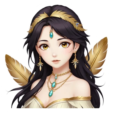 Beautiful gorgeous anime lady with beautiful dark-brown-special-hair, fashion aesthetic, ethereal, feather, accessories, gold jewelries, gold, colorful,  sticker