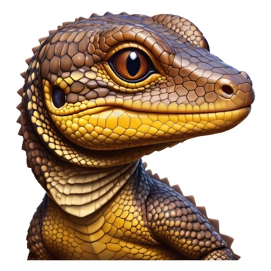 Cinematic Cute brown camo spotted monitor Lizard Portrait Emoji, Head tilted playfully and inquisitively, with a sleek, patterned body accented by vibrant hues and round, sparkling eyes full of wonder, Simplified yet irresistibly adorable features, highly detailed, glowing with a warm, friendly glow, high shine, affectionate and lively, stylized with a touch of exotic charm, bright and endearing, soft glowing outline, capturing the essence of a mischievous yet captivating lizard that seems as if it could scuttle out of the screen into your arms! sticker