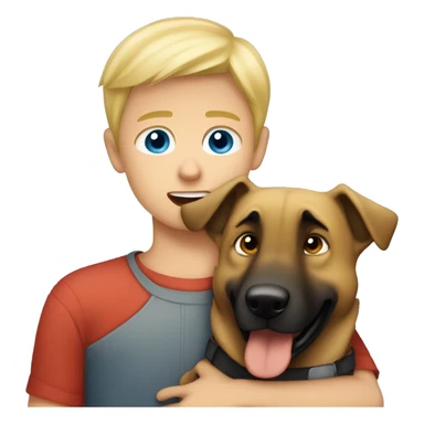 blond boy with blue eyes who hugs his Malinois tightly because he is afraid  sticker