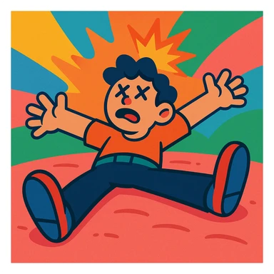 person sprawled on the ground, limbs outstretched, dazed expression, as if knocked out, vibrant toon style sticker