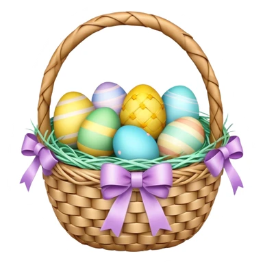 3D emoji of a colorful Easter basket filled with decorated eggs, pastel ribbons, and a woven texture in glossy emoji style. sticker