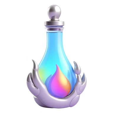 luxurious elixir bottle in monster paw shape, vibrant color, silver and holographic details, many magical effects, very small neck, seamless bottom, bottle floating in air, no base or shadow, modern, collection style sticker