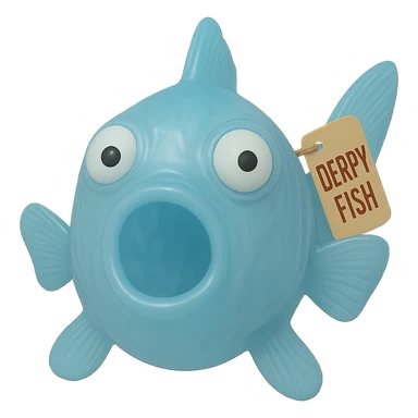 Edit the image to change the retro toy tag on the fin to say 'Derpy Fish'. Make sure the fish is looking perfectly straight at the camera. Keep the see-through, semi-transparent blue plastic, eyes going in opposite directions, hyper-detailed, soft plastic 90's toy look. Remove the background. The style should reflect a see-through, semi-transparent blue plastic 90's toy with hyper-detailed soft plastic texture and derpy eyes. sticker