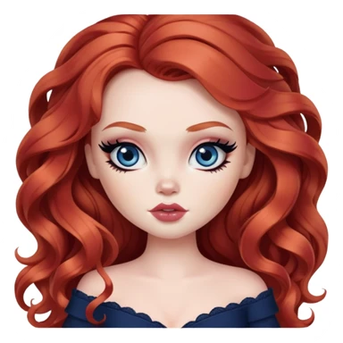  long wavy red hair, pale skin, dark blue eyes, pretty bratz baddie, black eyeliner, blush sticker