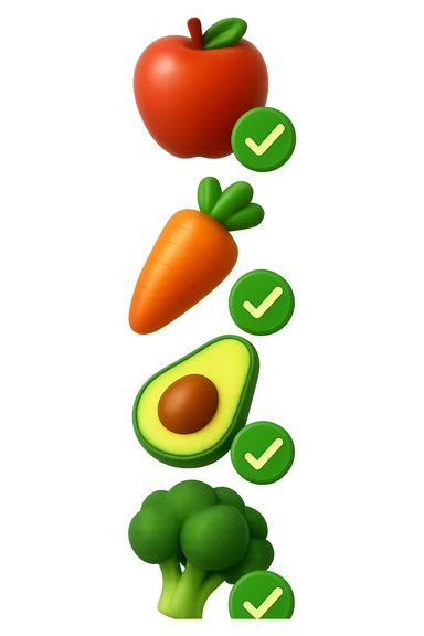 emoji stile iphone in 3d di cibo sano che fluttua in aria vericalmente insieme a spunte verdi di verificato, iperrealistico 4k sticker