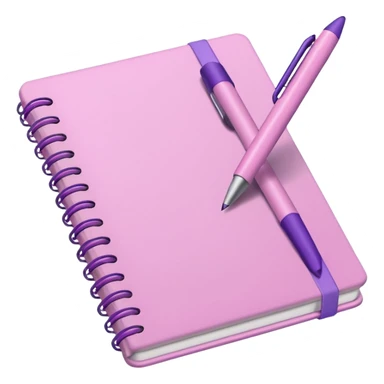 pastel pink notebook with a soft purple pen resting on it, iOS emoji style sticker