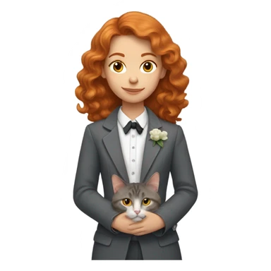 a girl with wavy ginger hair with a grey tuxedo cat sticker