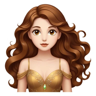 Cinematic Stunning Belle Portrait Emoji, Deep brown eyes full of curiosity, long chestnut hair flowing in soft waves, wearing her golden ballroom gown, glowing with warmth and elegance, a princess whose beauty is as radiant as her mind! sticker