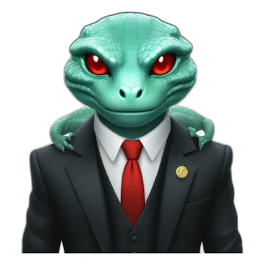 Aquamarine reptilian in classic black suite with red laser eyes on the middle of platinum coin sticker