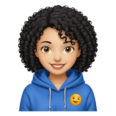 A women with a black curly hair who wear a hoodie and that hoodie have a some smorf sticker
