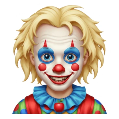 creepy clown boy with messy very long long blonde hair, blue eyes, make it more like an apple emoji sticker